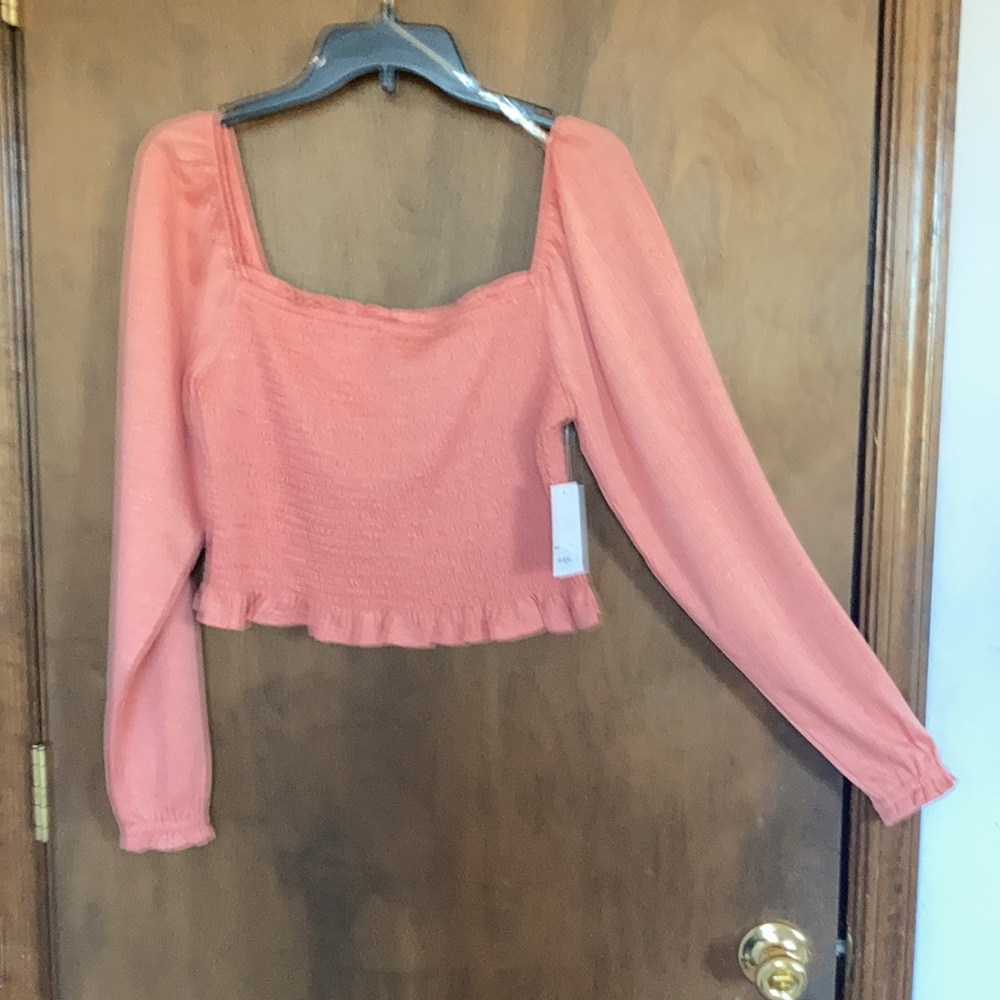 SO top blush crepe long sleeve smocked top boho cottagecore casual L jrs - Picture 11 of 16